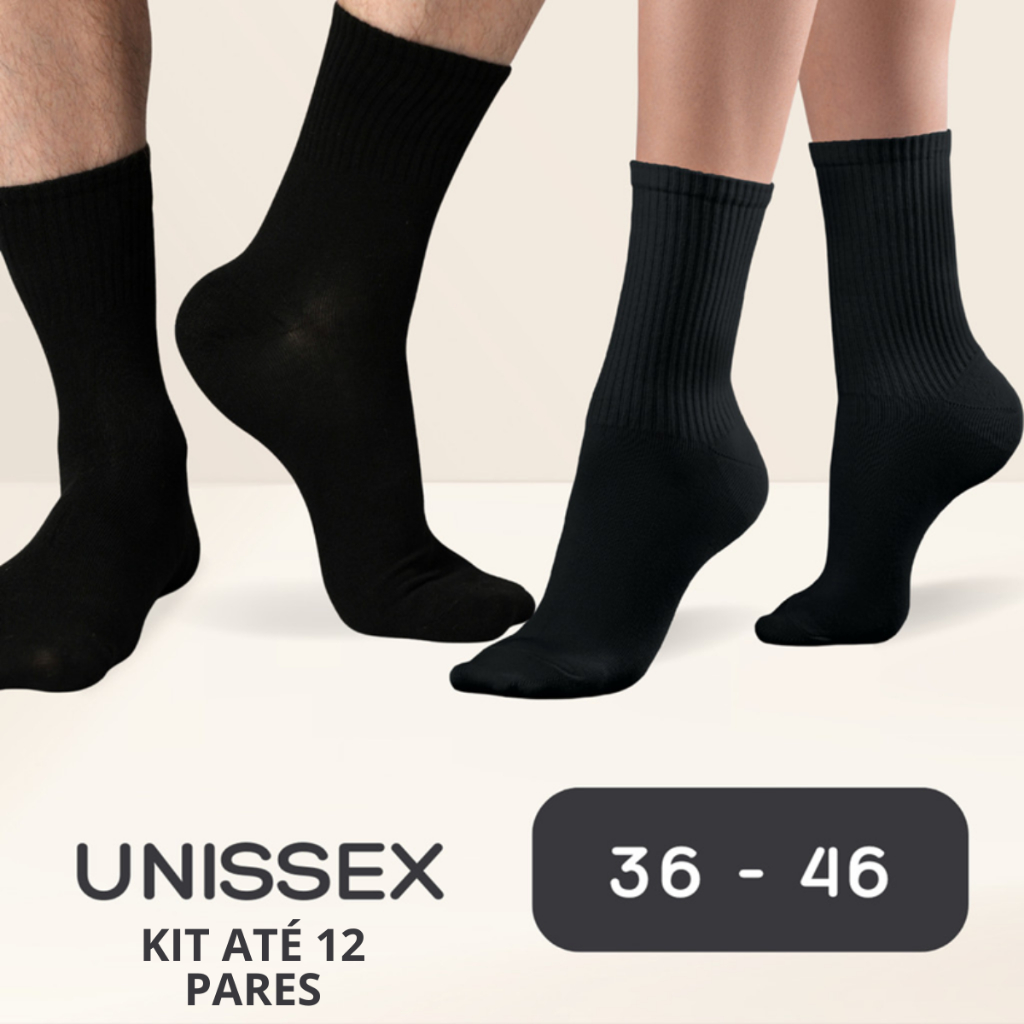 Kit Até 12 Pares Meias Preta Unissex Cano Médio Respiravel Meia Acadenia e Ginastica