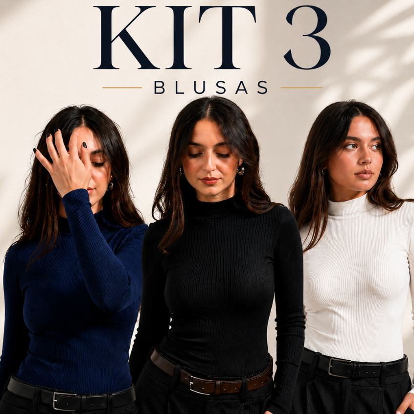 KIT 3 Blusas Feminina Cacharrel Canelada Premium Gola Alta Manga Longa Sueter Elegante Básica Inverno