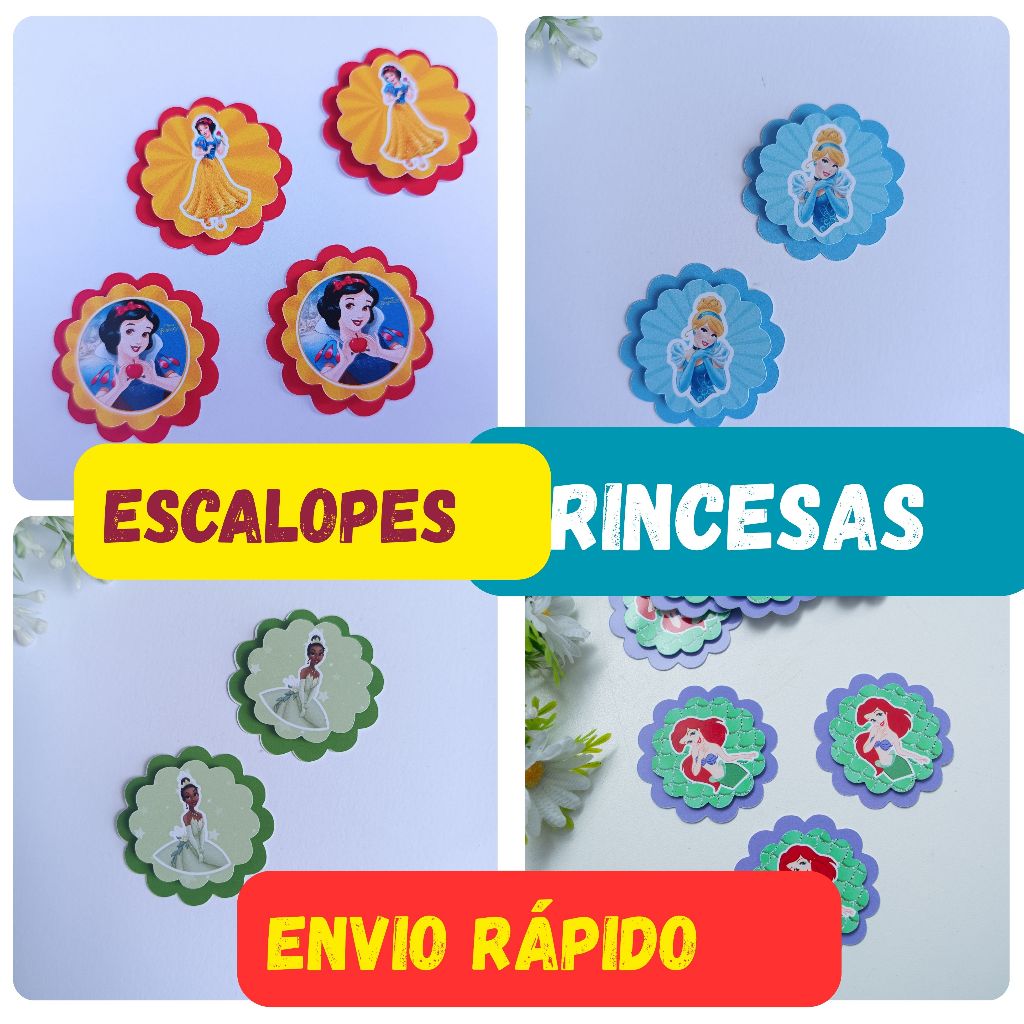 Apliques Tag Escalope 3d PRINCESAS Lembrancinha Personalizada Festa Menina princesa tiana cinderela bela aurora branca