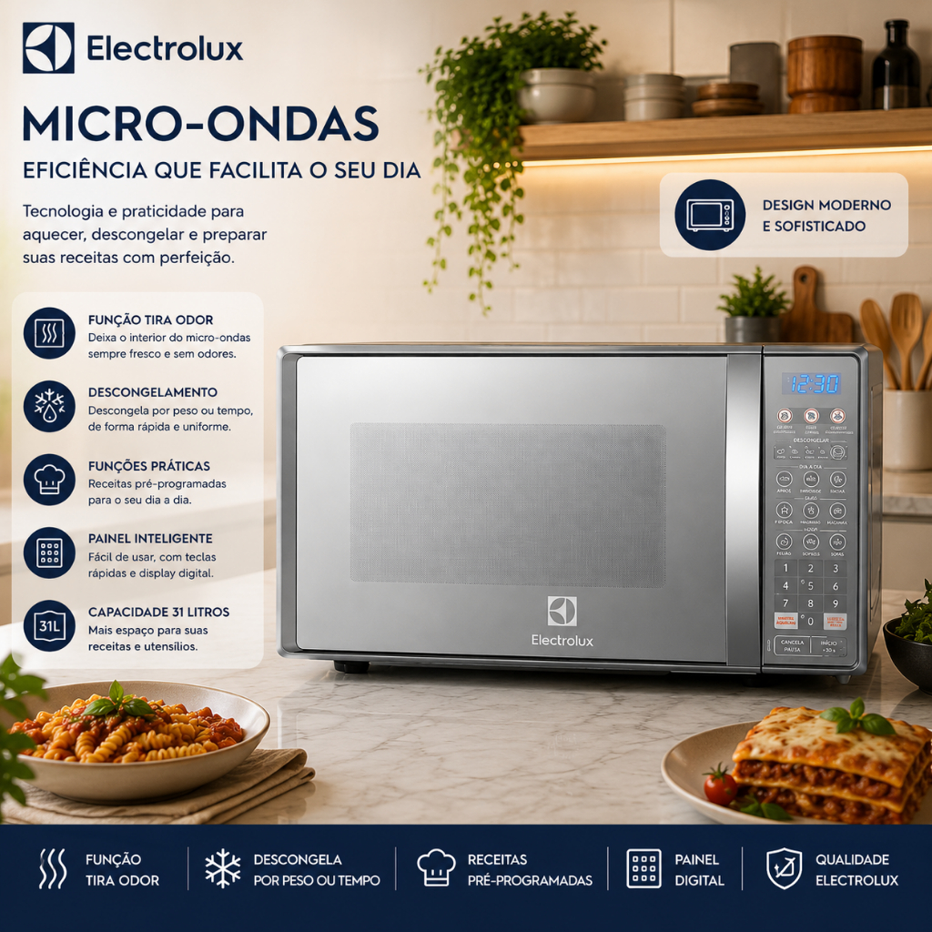 Micro-ondas Electrolux 20L MT30S Inox Espelhado Função Tira Odor Painel Digital Original