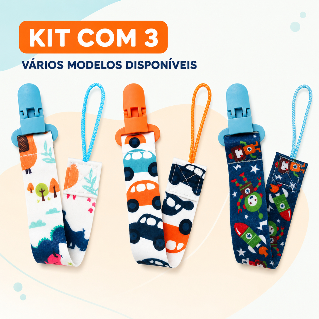 Kit Com 3 Cordinhas Prendedor De Chupeta Bebê Menino Tecido Lavável Resistente Universal