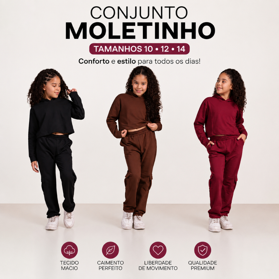 Conjunto Infantil Juvenil Feminino Inverno Moletinho Flex Toque Pima Calça Cargo Casaco Confortável Moda 10 ao 14