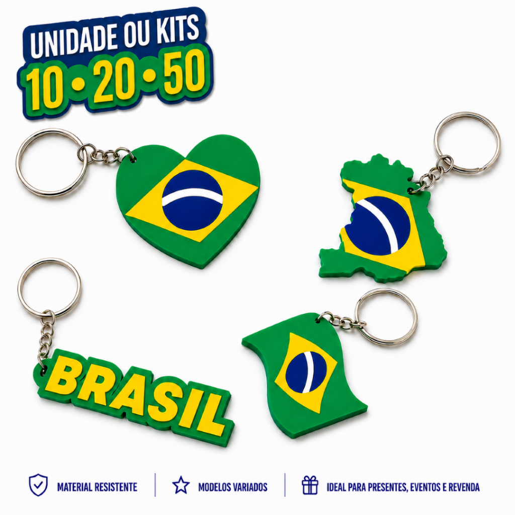 Chaveiro do Brasil Copa do Mundo 2026 | Vários Modelos | Kits com 10, 20 e 50 unidades