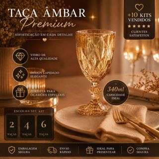 Jogo de Taças Âmbar Diamante Luxo Kit elegante para Mesa Posta 2/4/6 Unidades 340ml Taça Diamante Âmbar Premium