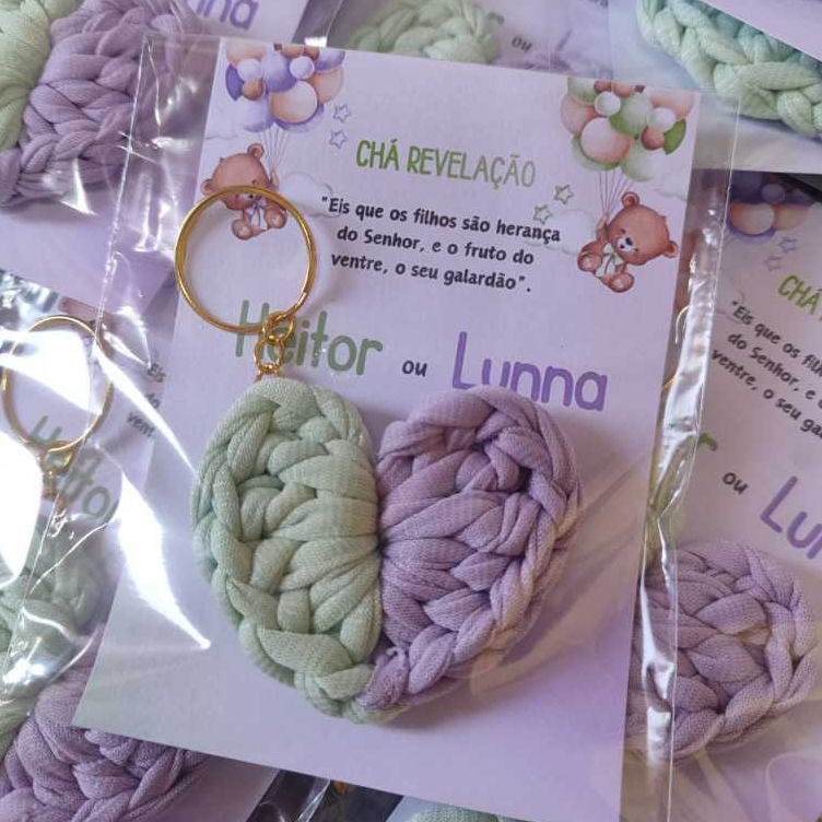 10 Chaveiros em crochê+cartão personalizado-Lembrancinha chá revelação/chá de bebê/aniversário...