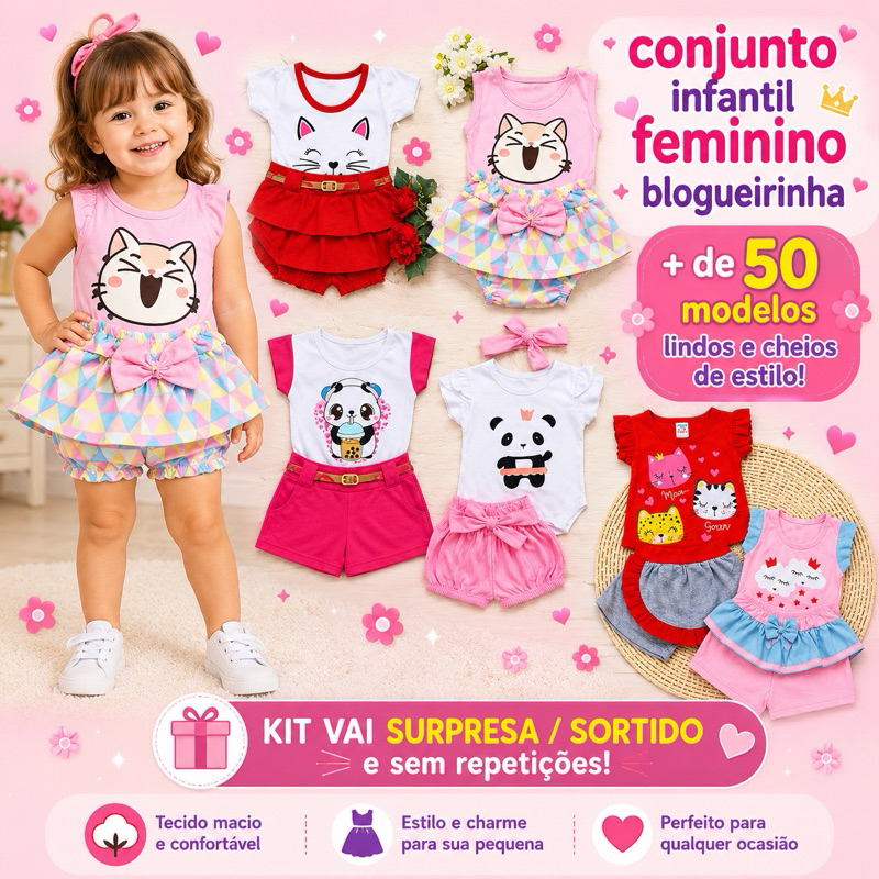 kit sortido 6 peças de roupa infantil feminina blogueirinha 0 a 4 anos - Kit com 3 conjunto menina sortidos