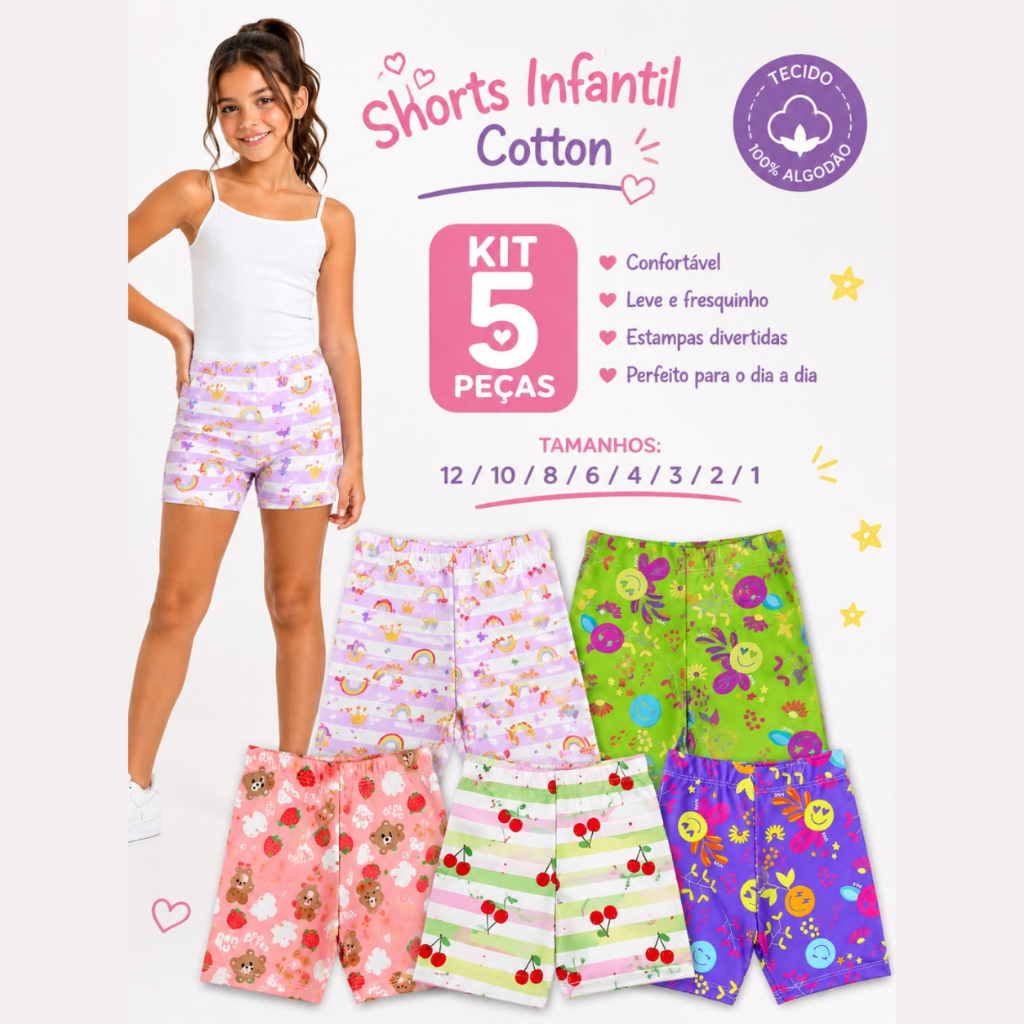 KIT 5 Bermuda Shorts Ciclista Infantil Estampada Confortavel Macio Verão Menina 1 ao 12 anos