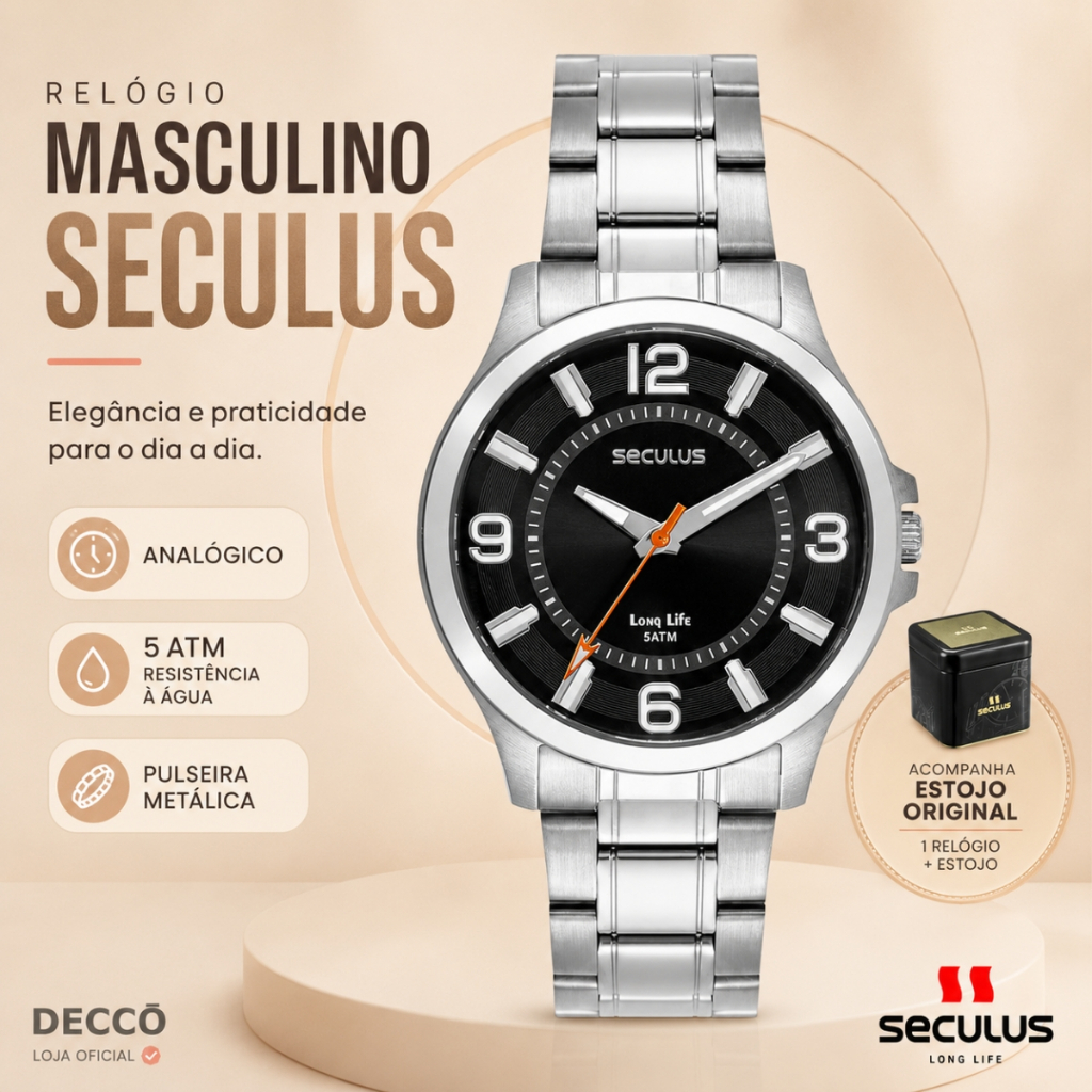 Relógio Fundo Preto Masculino Seculus Analógico Em Aço Clássico 40 MM Resistente