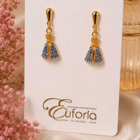 Brinco Nossa Senhora Aparecida com strass Folheados