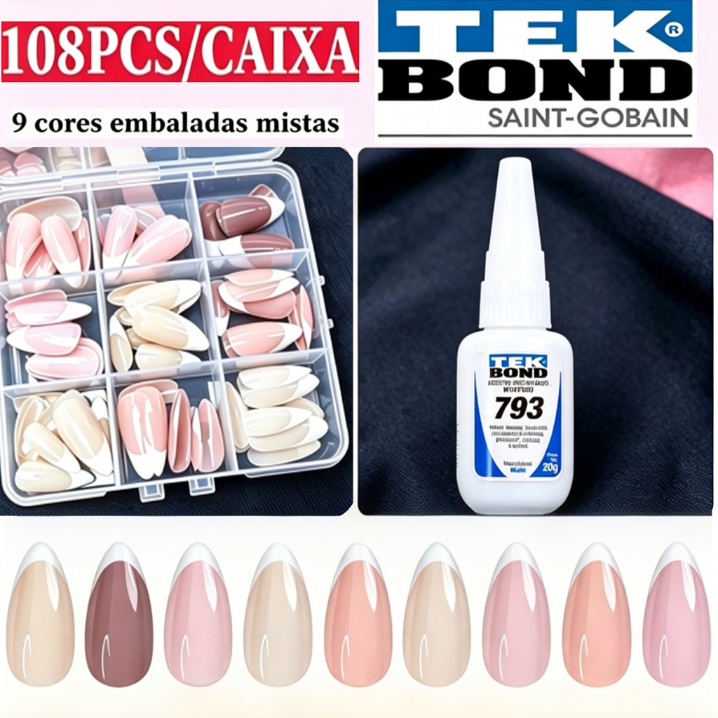 Unhas Postiças Formato Amêndoa Francesa Autocolante com Caixa Organizadora 9 Cores Nude 108 Peças