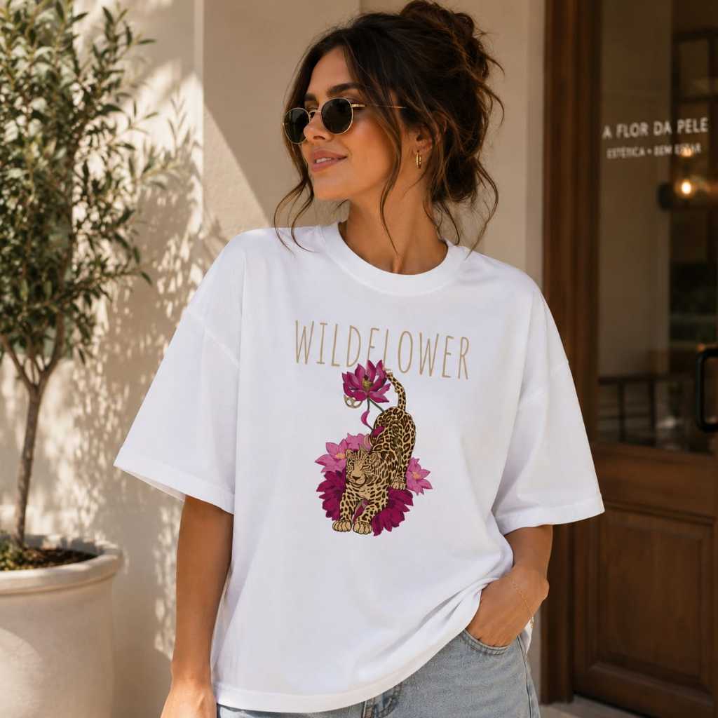 Camiseta Feminina Oversized Estampada Wild Flower Onça Linha Premium 100% Algodão Confortável Academia