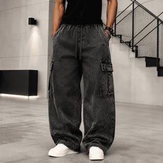 Calça Cargo Masculina Baggy Wide Leg Skate Oversized 6 Bolsos Cintura Elástica com Cordão Streetwear