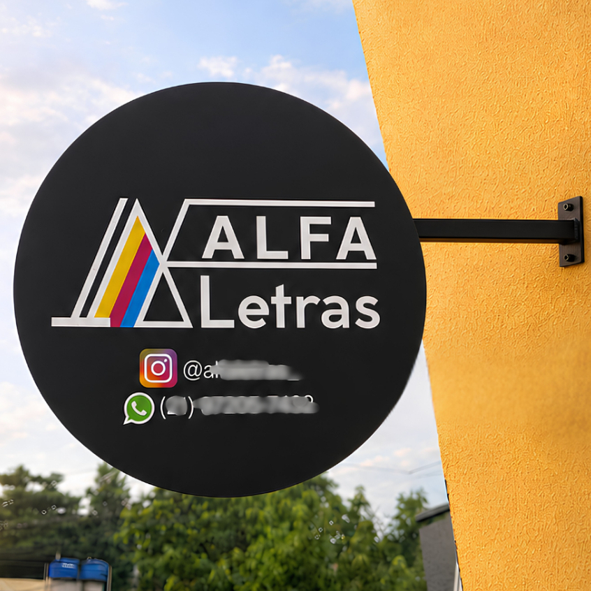 Placa Logo Redonda Personalizada Painel Fachada ACM Empresa Externa Com Suporte Metal Decoração Loja