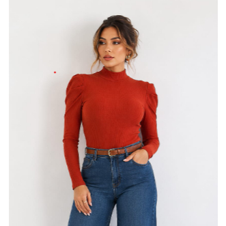 Blusa Feminina Gola Alta Manga Princesa Canelada com Bojo Manga Longa Elegante Inverno