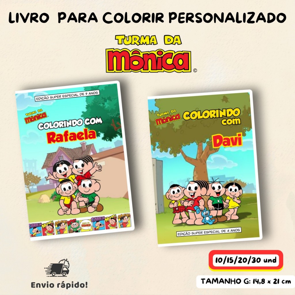 Kit 10-30 Livro para Colorir Personalizado Turma da Mônica 14,8x21-G- Lembrancinha Aniversário Infantil-Revista Livrinho
