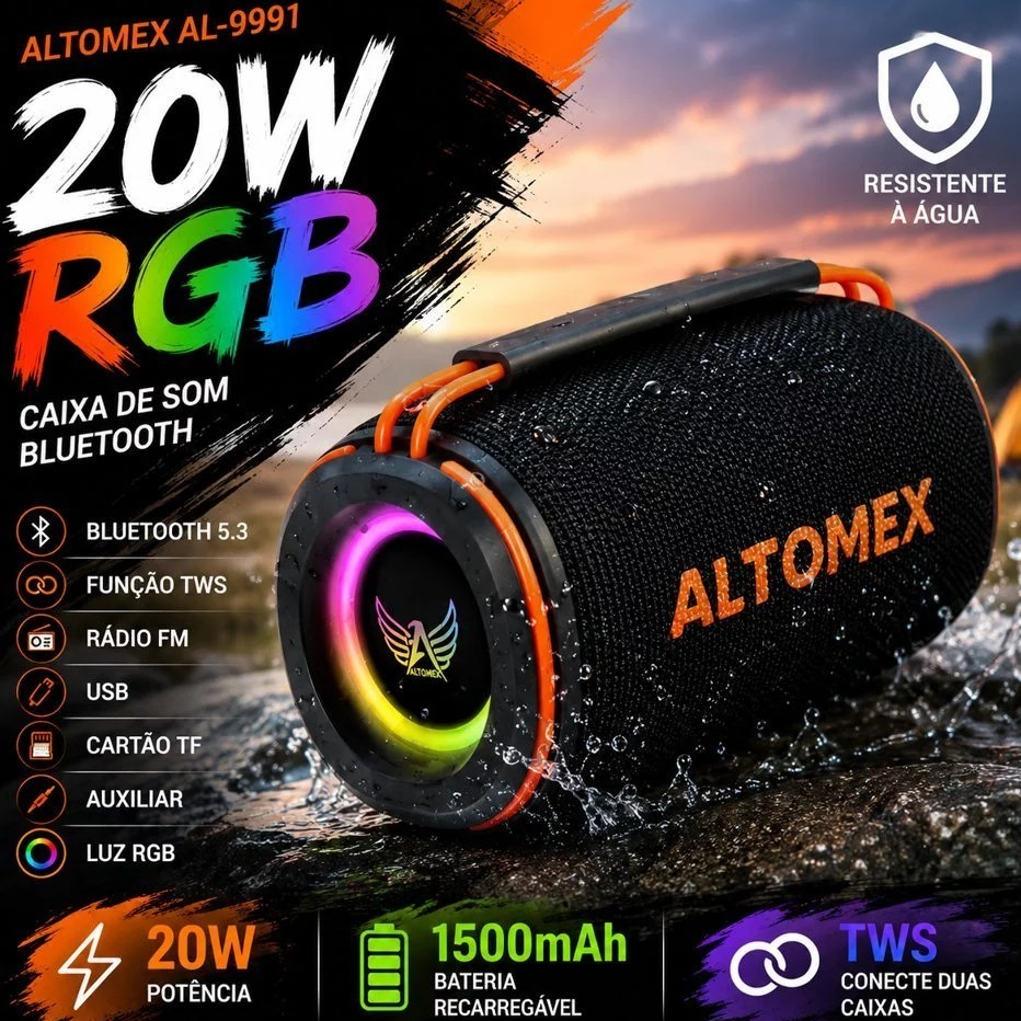 ALTOMEX Caixa De Som Bluetooth Resistente a Água 20W Com Alto Falante Duplo e Luz RGB AL-9992