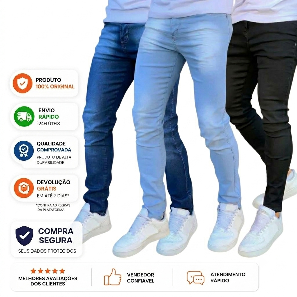 Kit 3 Calças Jeans Masculina Skinny Algodão Confortavél Moda 2026