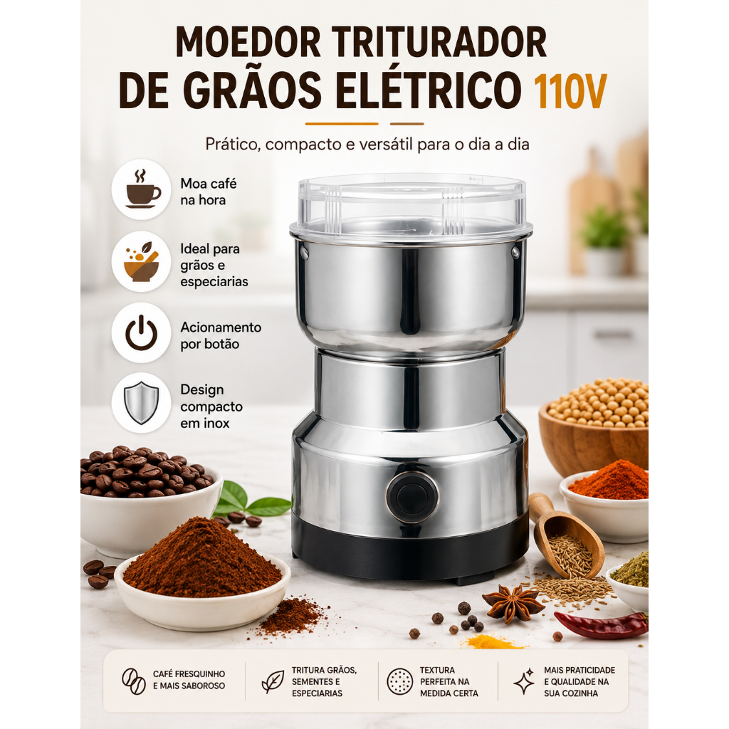 Moedor Triturador De Grãos Café Elétrico 110v Inox Moedor Multifuncional de Café e Especiarias