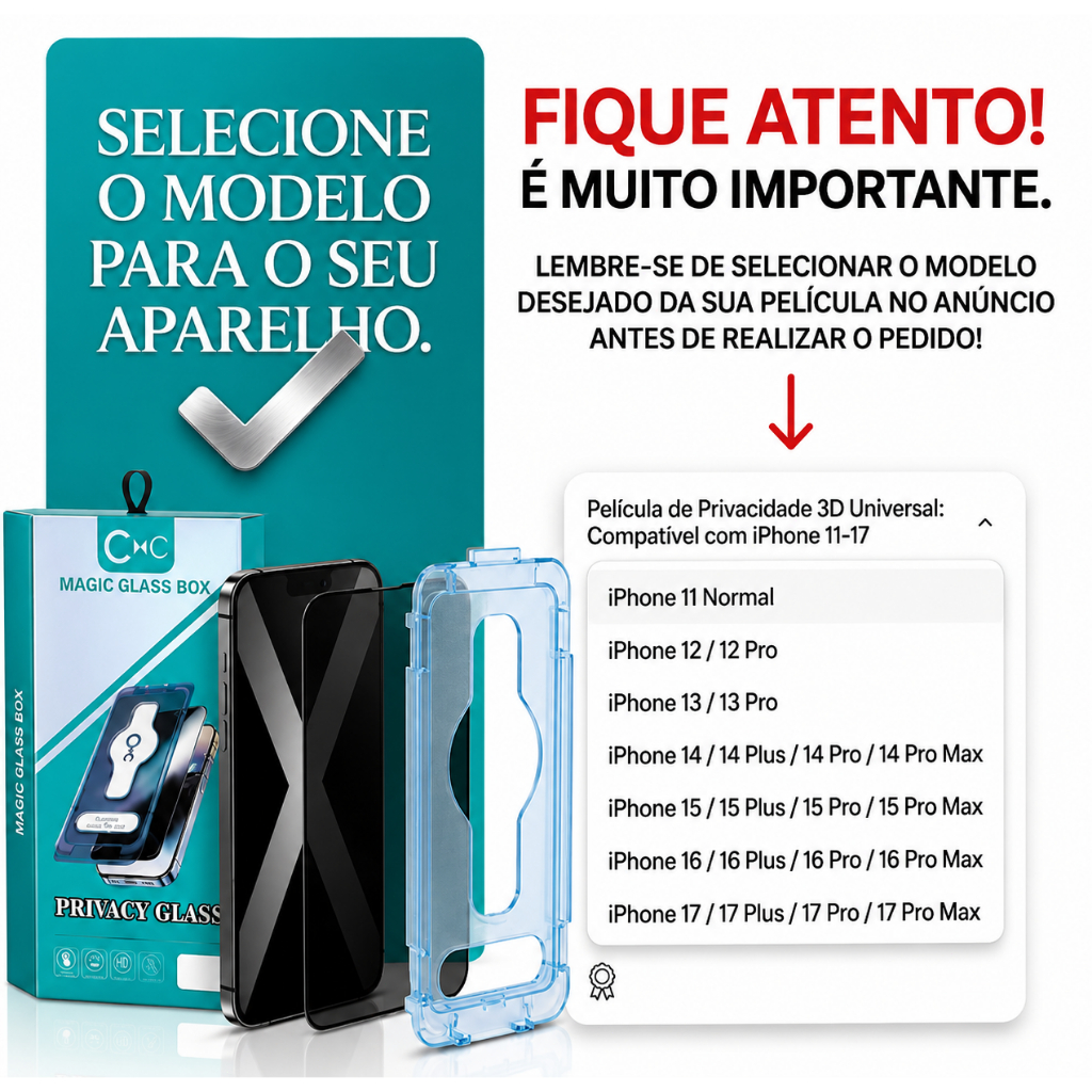 Kit com 1 Películas de Privacidade 9H com Aplicador para iPhone 17 Pro Max 16 15 14 13 12 11 — imagem 2 de 2