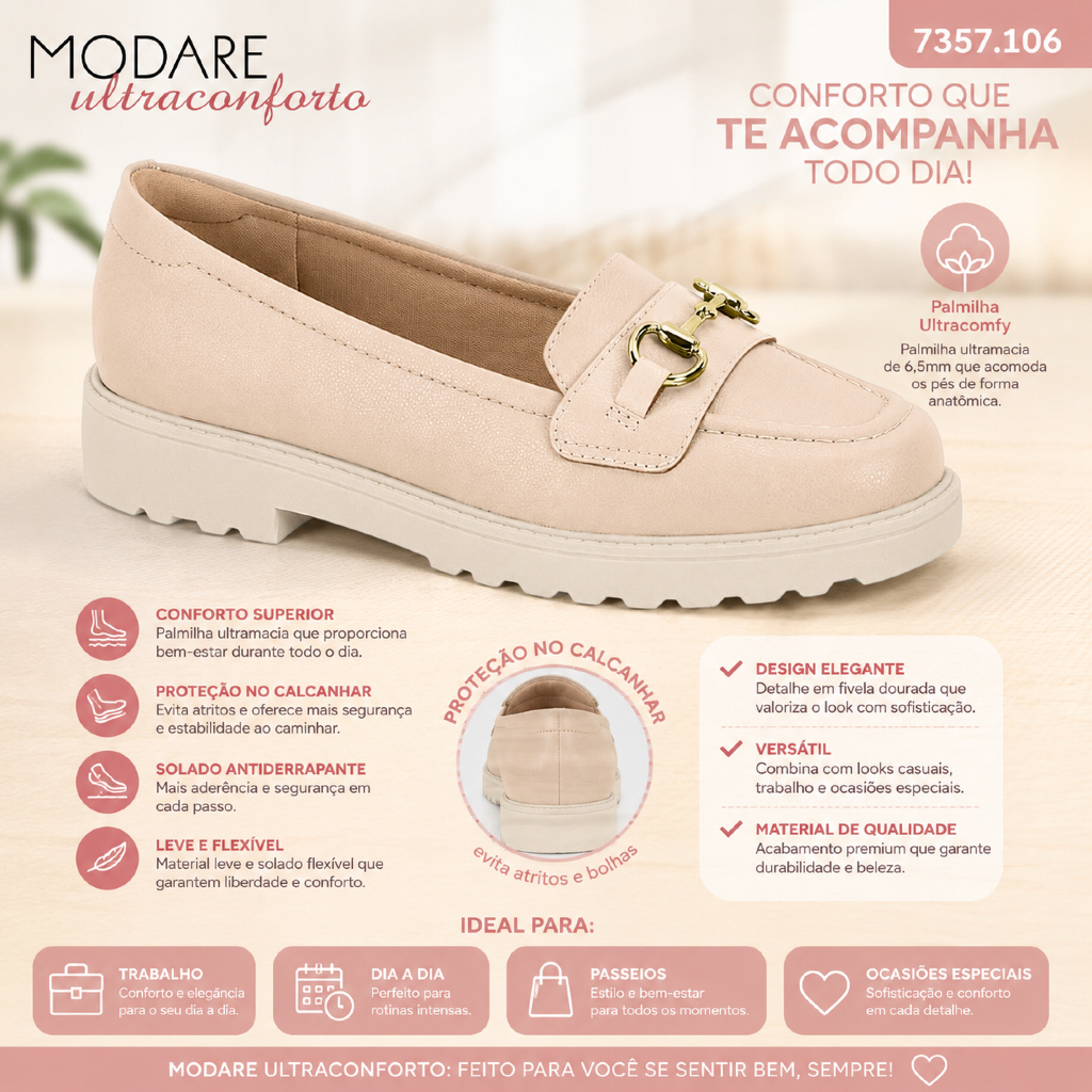Mocassim Modare Ultraconforto 7357.106 Feminino Plataforma Tratorada Palmilha Ultracomfy Confortável Dia a Dia Trabalho