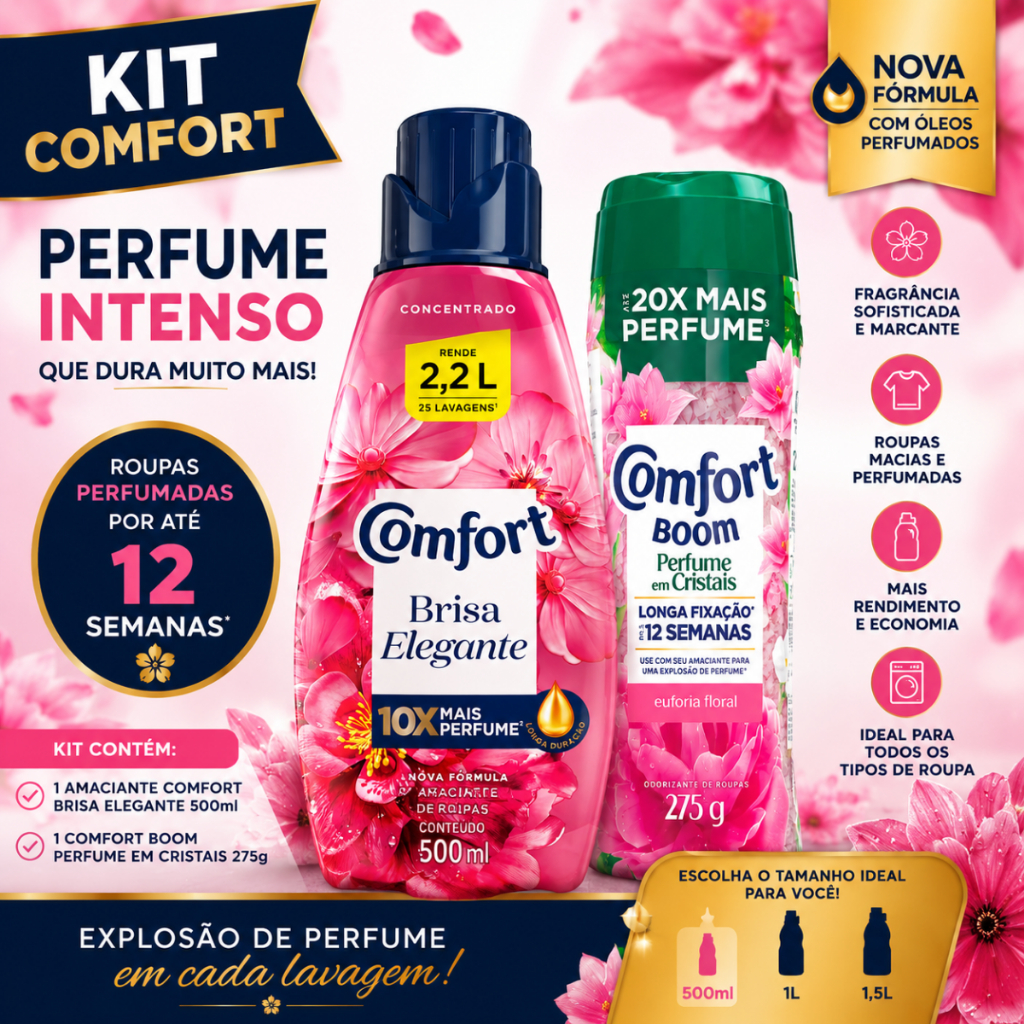 Amaciante Comfort Kit com Boom Perfume em Cristais Brisa Elegante Euforia Floral Concentrado