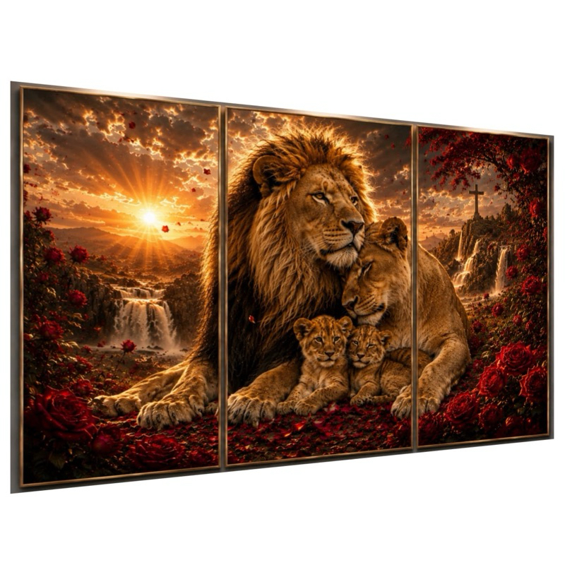 Quadros Decorativos Família Leão Cachoeira Paisagem Religioso 3 Peças Decoração Sala Quarto Escritório