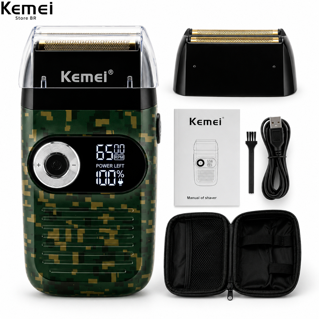 Barbeador Elétrico Shaver Kemei Km - 2027 Bivolt Profissional Cor Verde-escuro 110V/220V Sem Fio USB