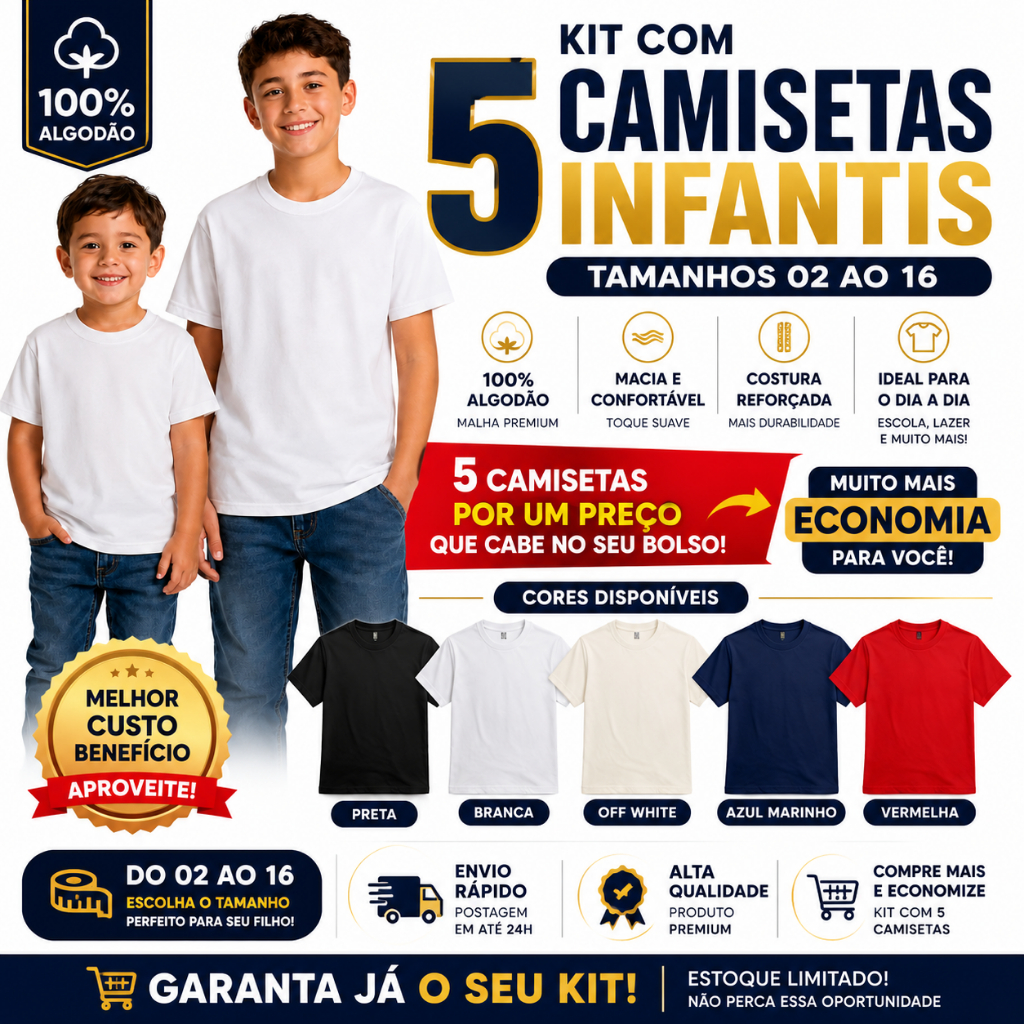 Kit 5 Camisetas Infantil Unissex Lisa 100% Algodão