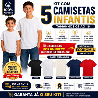 Kit 5 Camisetas Infantil Unissex Lisa 100% Algodão
