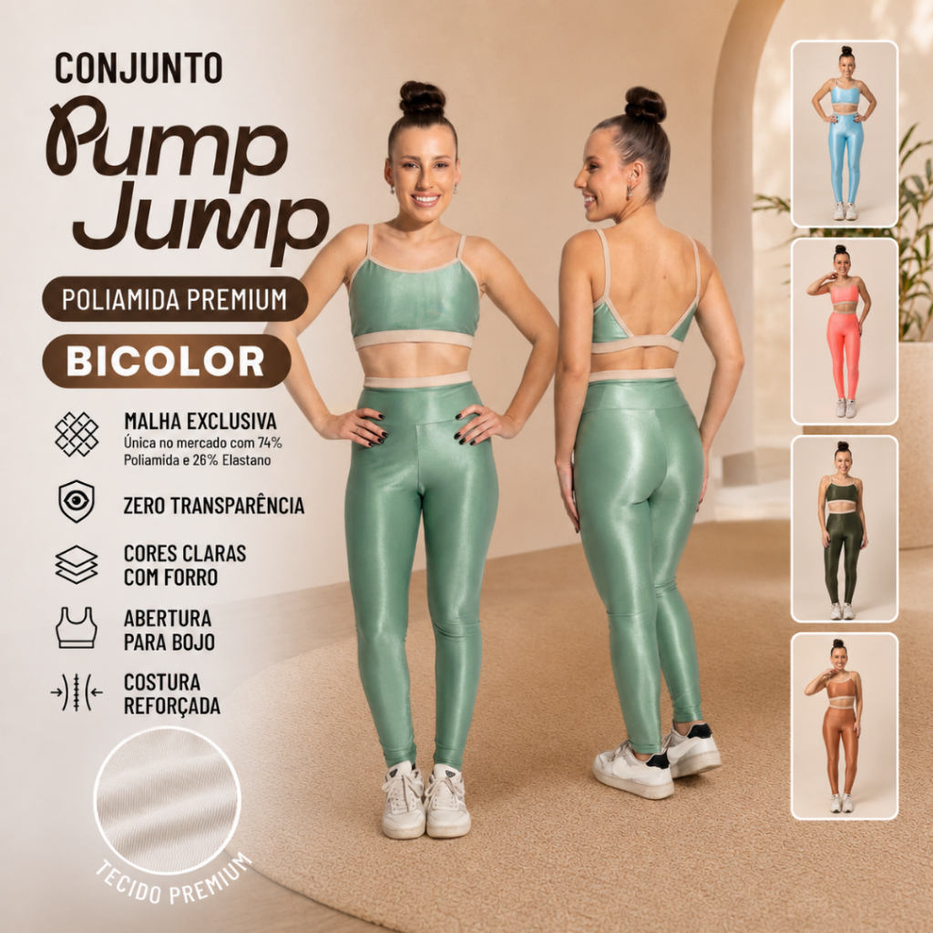 Conjunto Bicolor Fitness Feminino Top Fita + Legging Micro Canelada Poliamida Premium Academia