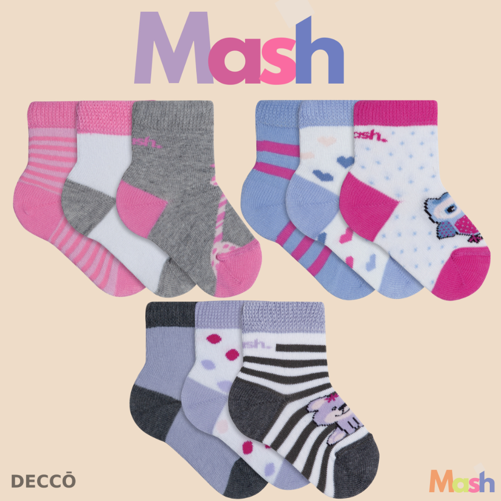9 Pares de Meias Estampada Infantil Mash em Algodao Cano Medio Baby do 0 a 21 Menina e Menino