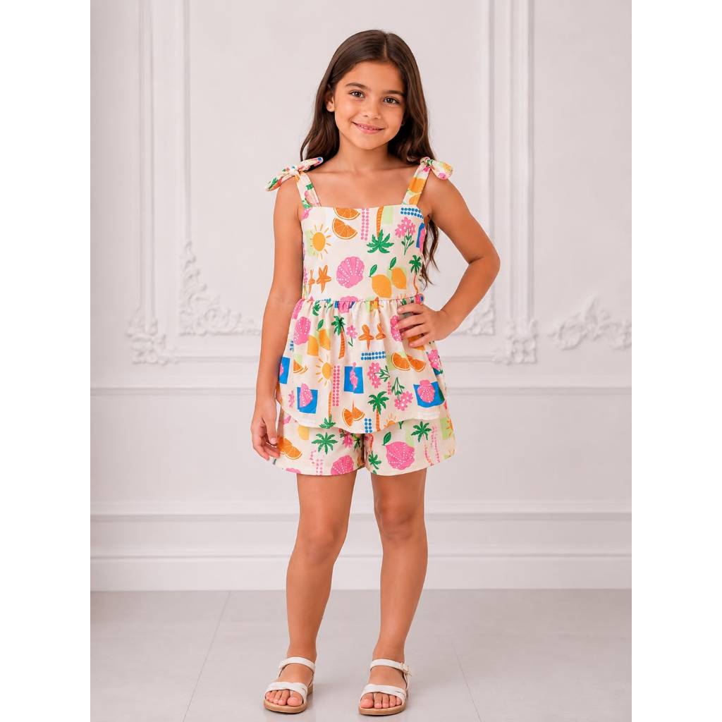 Conjunto Infantil Feminino Verão 2 Peças Blusa com Alça de Laço e Short Estampado Menina tecido confortavel e leve