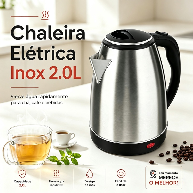 Chaleira Elétrica Aço Inox 2,0L 110V - Fervura Rápida, Desligamento Automático e Praticidade para Café e Chá
