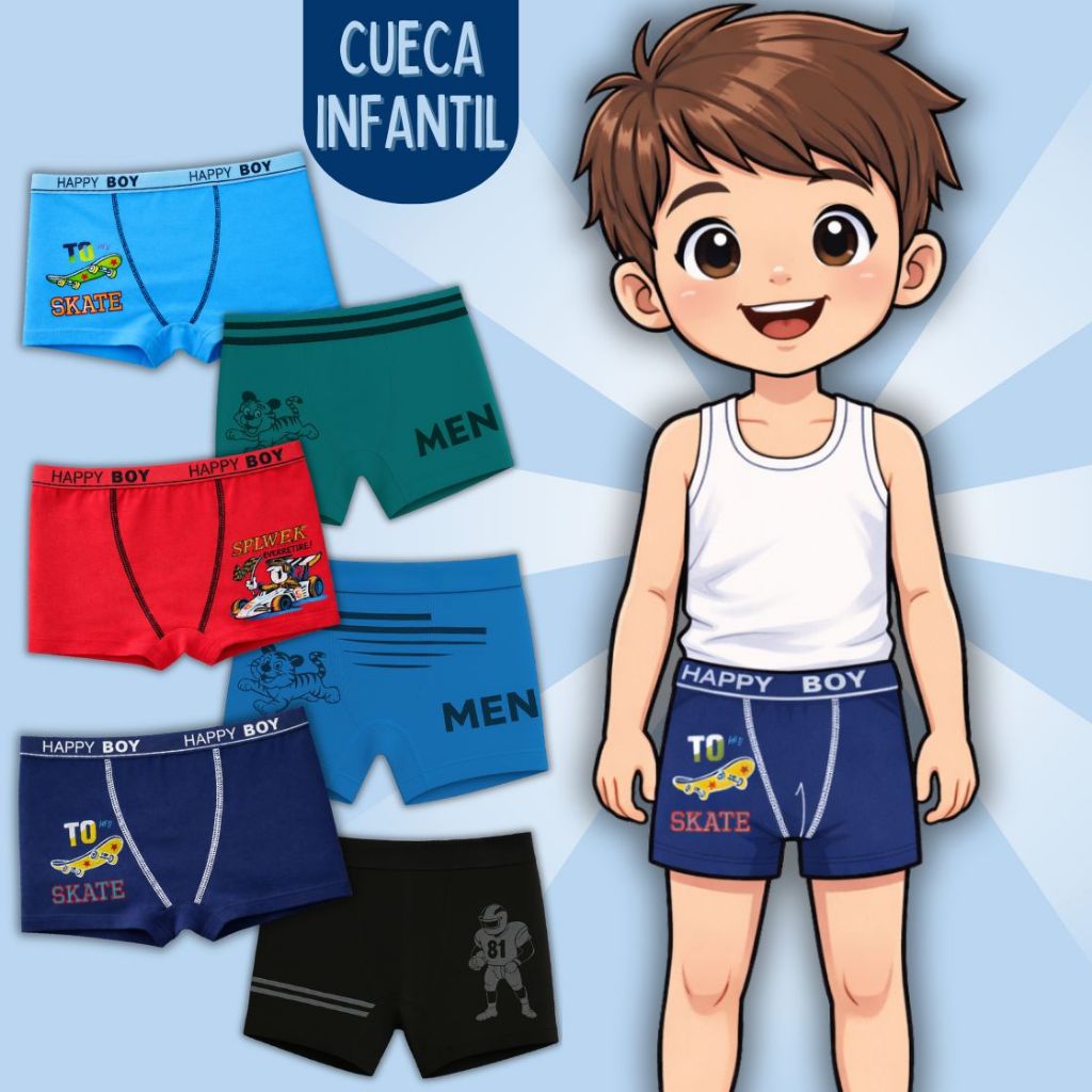 Kit 12,10 ou 03 Cuecas Boxer Infantil 2 a 10 anos Algodão ou Microfibra Premium Menino