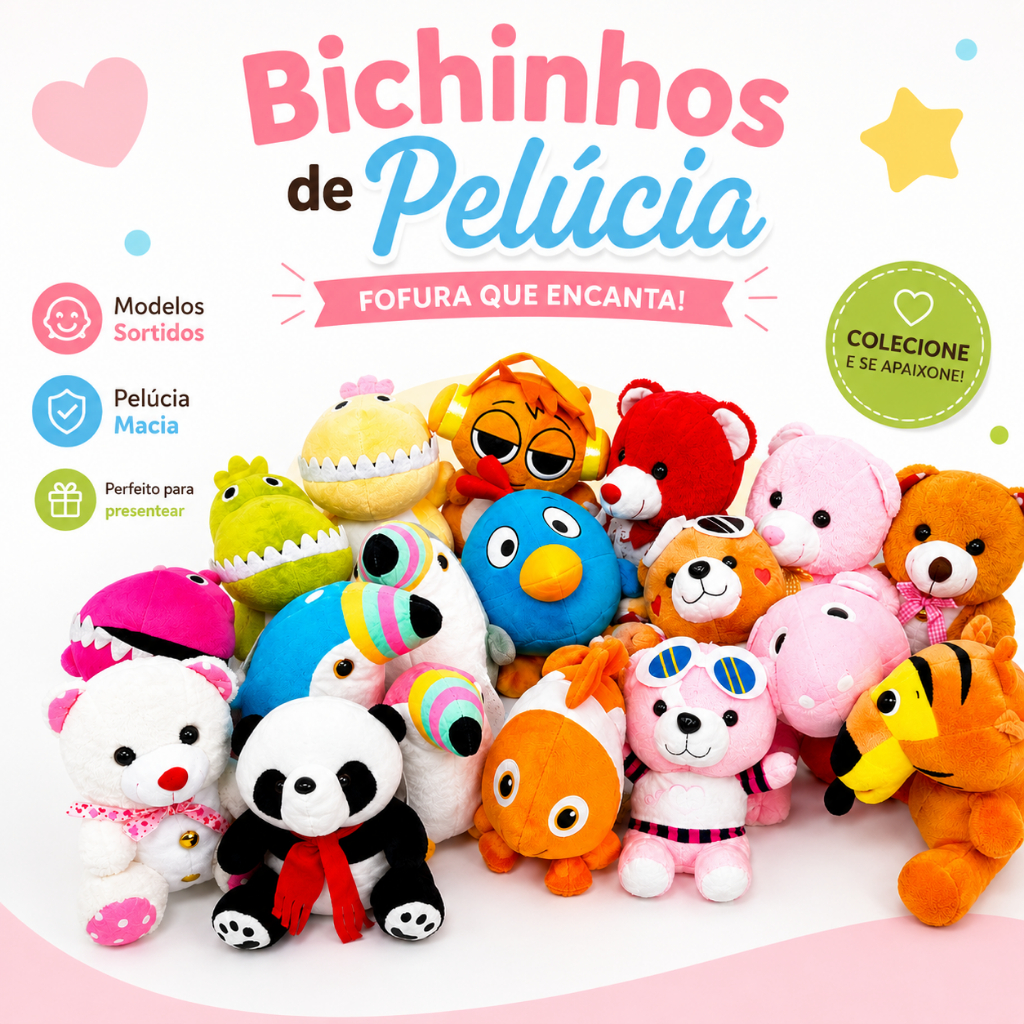 Kit 20 Pelúcias Sortidas 20cm 100% Poliéster Macias Grua Certificadas Infantil Bichos de Pelucia