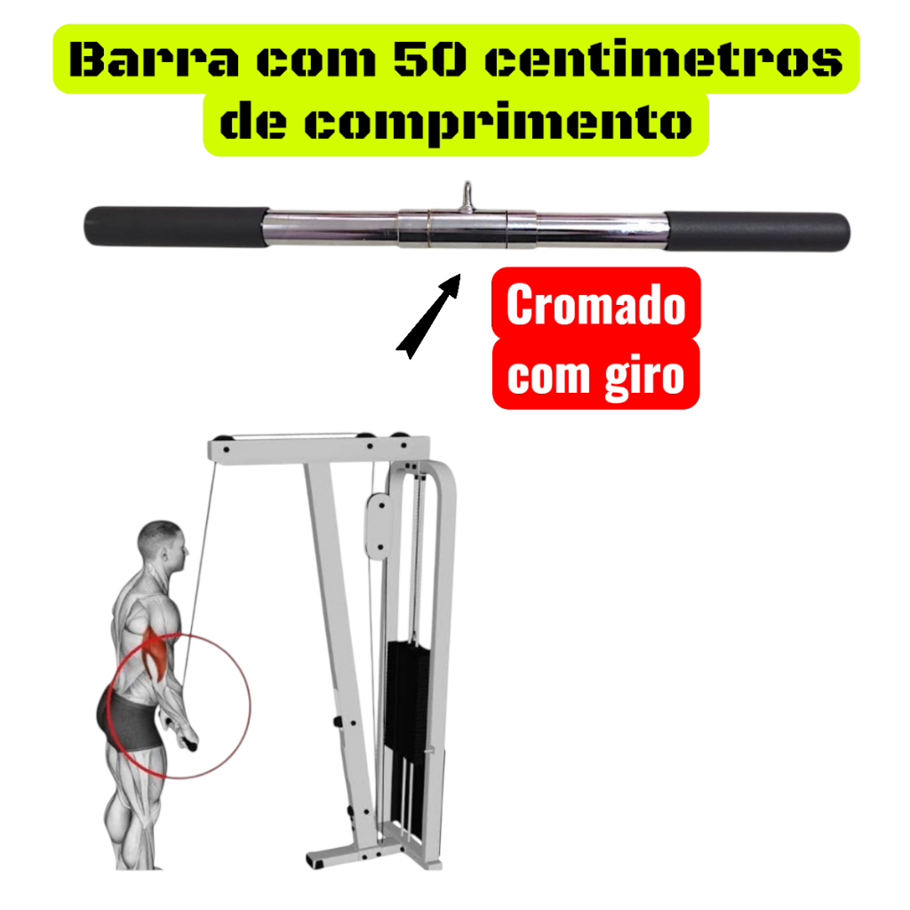 Puxador Tríceps Barra Reta Pulley Academia Musculação em aço Tubular Reforçado com manoplas CROMADO