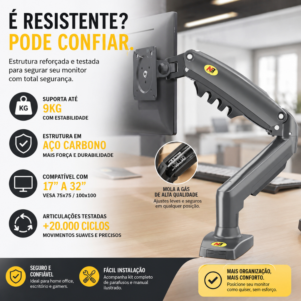 Suporte Articulado de Mesa F80NB com Pistão a Gás para Monitores de 17'' a 35'' Preto ELG