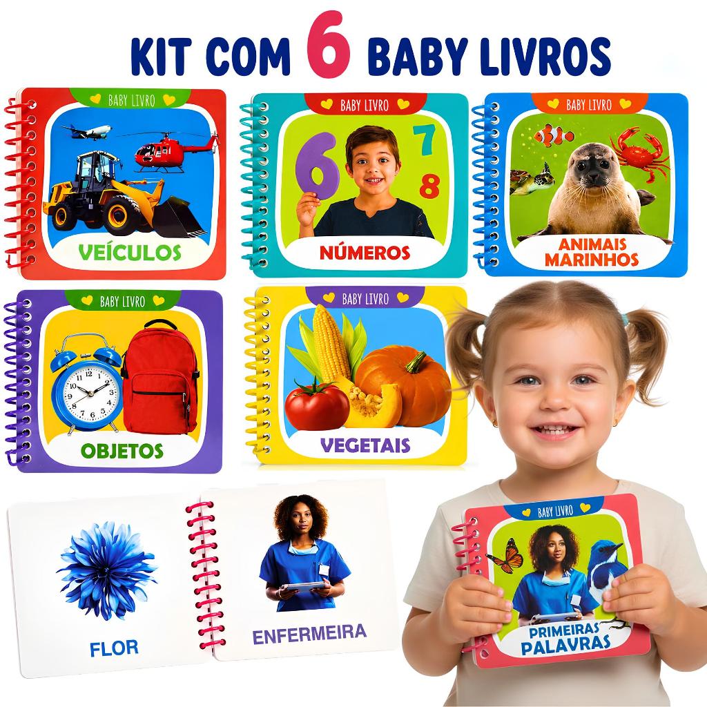 Kit 6 Livros Baby Variados Educativos Para Bebê Primeiras Palavras Números Frutas E Objetos Animais Vegetais Animais