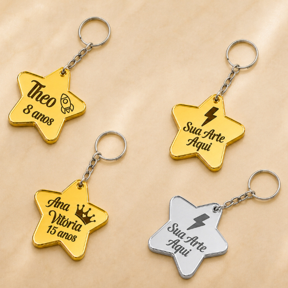 CHAVEIRO ESTRELA PERSONALIZADO EM ACRILICO ESPELHADO - PARA LEMBRANCINHA DE ANIVERSARIO, BATIZADO, CASAMENTO E EVENTOS