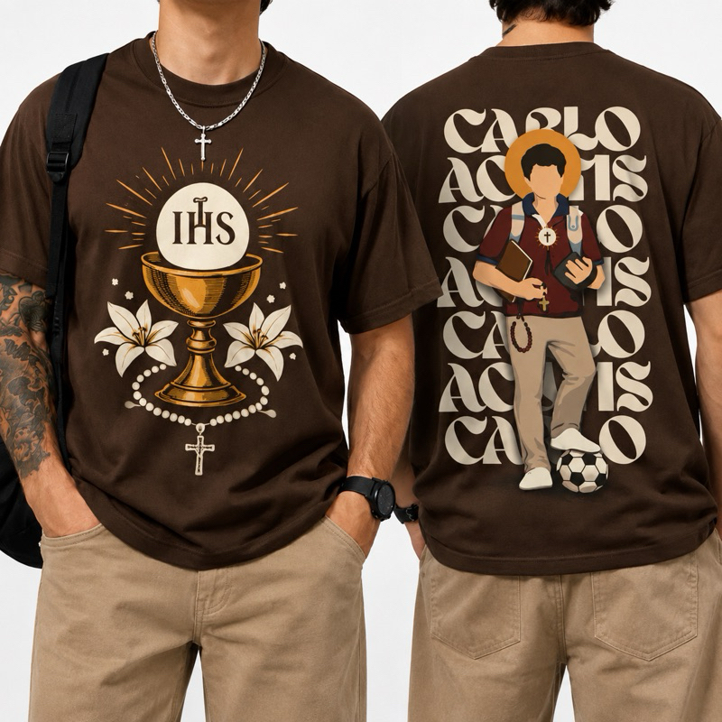 Camiseta Católica Unissex Algodão 100% Estilo Streetwear Carlo Acutis Fé Igreja T-Shirt marrom basica