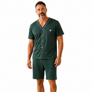 Pijama Masculino Aberto na Frente Curto Meia Manga Botões Pós Cirúrgico Confortável