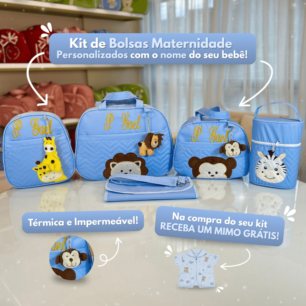 Kit Bolsa Maternidade Personalizado com Nome do Bebê completo com 5 peças para menino/menina Savana