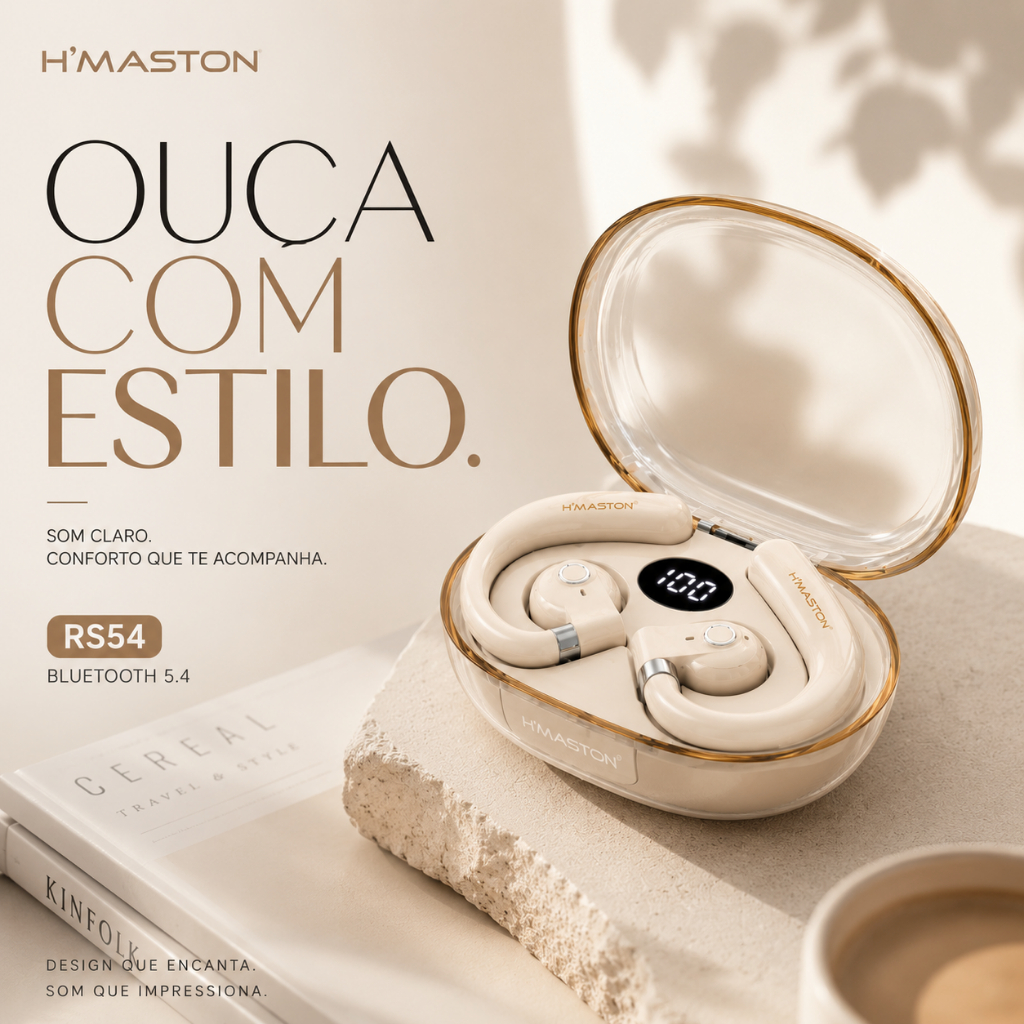 Fone Bluetooth H'Maston RS54 Condução Acústica Sem Fio TWS Bluetooth 5.3 Display LED HD Microfone Esportivo Resistente