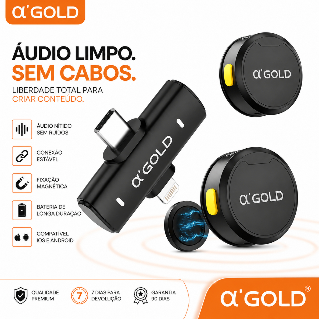 Microfone Lapela Sem Fio Profissional AGOLD MCF-38D Duplo 2 em 1 Magnético Tipo C iPhone Android Entrevista TikTok