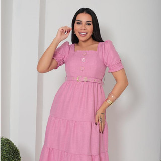 Vestido midi/ evangélica com cinto e pregas no busto, decote quadrado em tecido duna linho para todas as ocasião