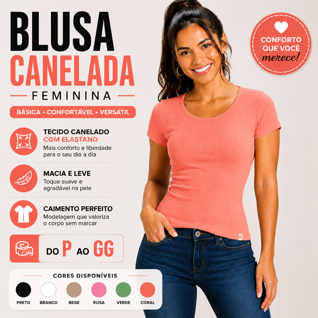 Blusa Feminina Básica Ribana Canelada Elastano Gola Redonda Ajustada Casual Confortável 25620-C1
