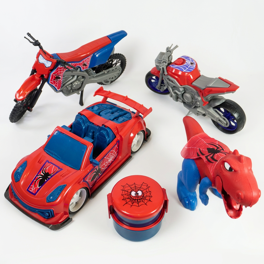 Kit Spider com 5 Itens: Carrinho + Moto Cross + Moto Sport + Dino e Lancheira Dupla | Homem-Aranha | +12 Meses | QUEEN