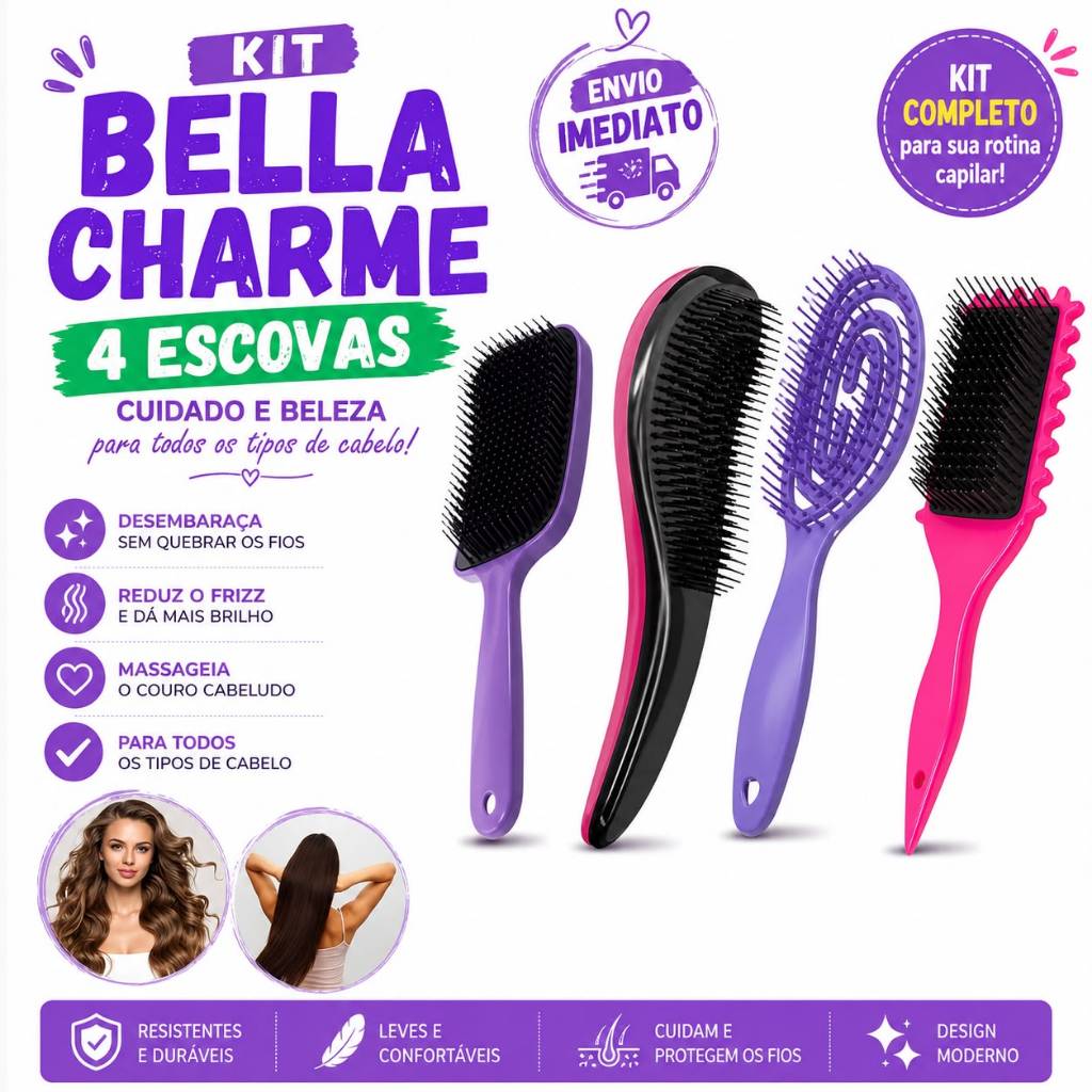 Kit 4 Escovas Para os Cabelos OVAL, FITAGEM, RAQUETE CURVA, MÁGICA