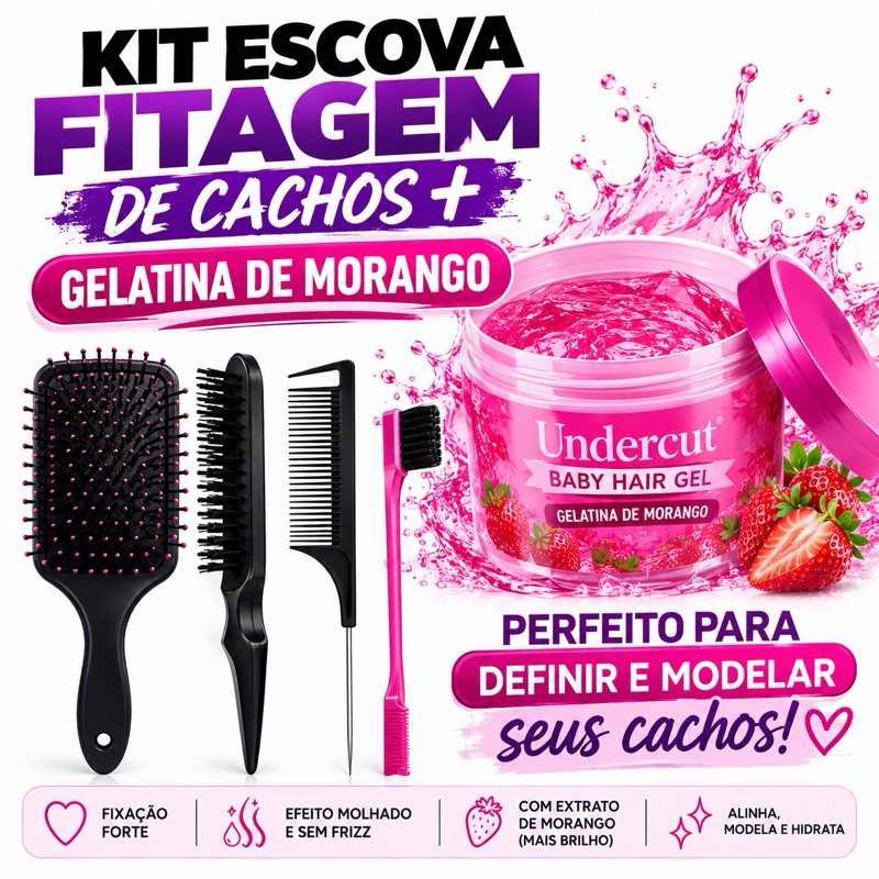 Kit Cachos Definidos 500g – Gelatina Capilar Modeladora com Alta Fixação + Kit Finalização Baby Hair Escova Fitagem