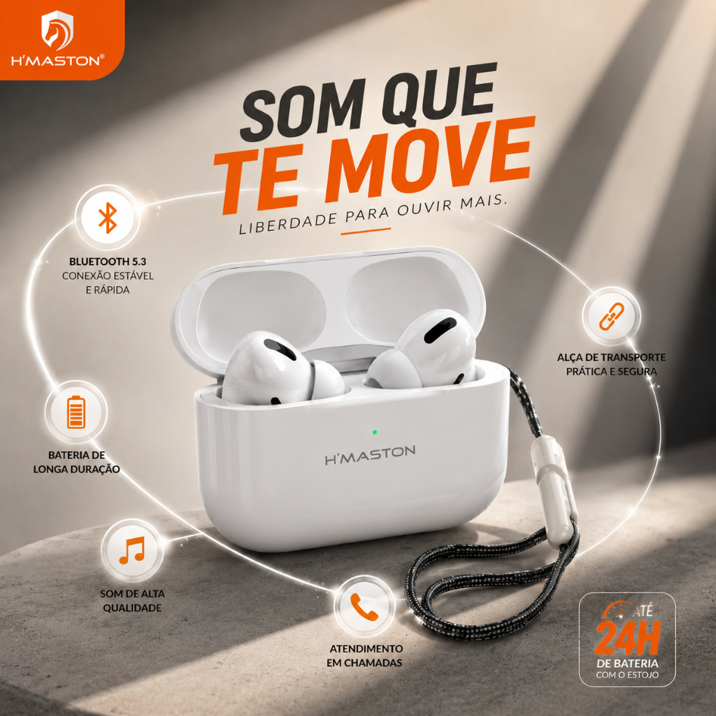 Fone de Ouvido Bluetooth 5.4 H'Maston RS21 Sem Fio Esportivo Gamer p/ iPhone And